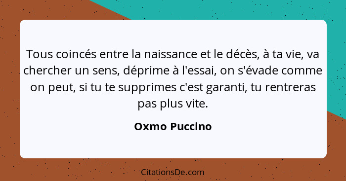 Tous coincés entre la naissance et le décès, à ta vie, va chercher un sens, déprime à l'essai, on s'évade comme on peut, si tu te suppr... - Oxmo Puccino