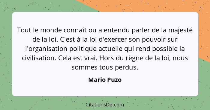 Tout le monde connaît ou a entendu parler de la majesté de la loi. C'est à la loi d'exercer son pouvoir sur l'organisation politique actu... - Mario Puzo