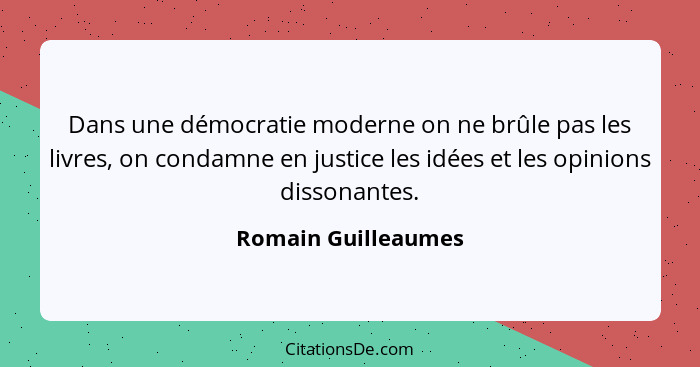 Dans une démocratie moderne on ne brûle pas les livres, on condamne en justice les idées et les opinions dissonantes.... - Romain Guilleaumes