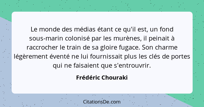 Le monde des médias étant ce qu'il est, un fond sous-marin colonisé par les murènes, il peinait à raccrocher le train de sa gloire... - Frédéric Chouraki