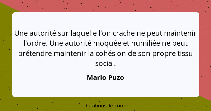 Une autorité sur laquelle l'on crache ne peut maintenir l'ordre. Une autorité moquée et humiliée ne peut prétendre maintenir la cohésion... - Mario Puzo