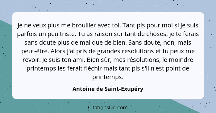 Je ne veux plus me brouiller avec toi. Tant pis pour moi si je suis parfois un peu triste. Tu as raison sur tant de choses,... - Antoine de Saint-Exupéry