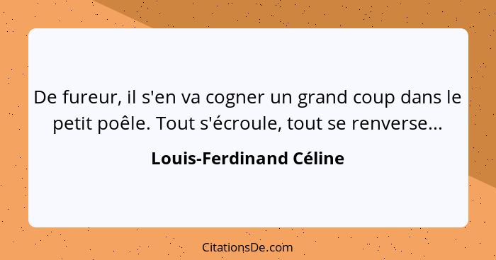 De fureur, il s'en va cogner un grand coup dans le petit poêle. Tout s'écroule, tout se renverse...... - Louis-Ferdinand Céline