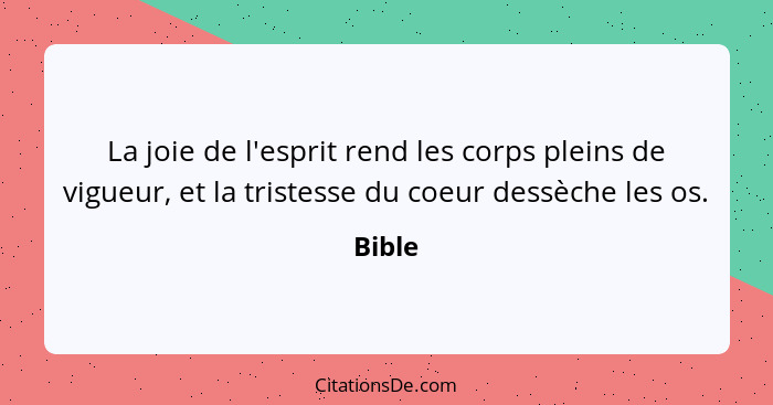 La joie de l'esprit rend les corps pleins de vigueur, et la tristesse du coeur dessèche les os.... - Bible