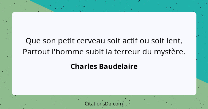 Que son petit cerveau soit actif ou soit lent, Partout l'homme subit la terreur du mystère.... - Charles Baudelaire