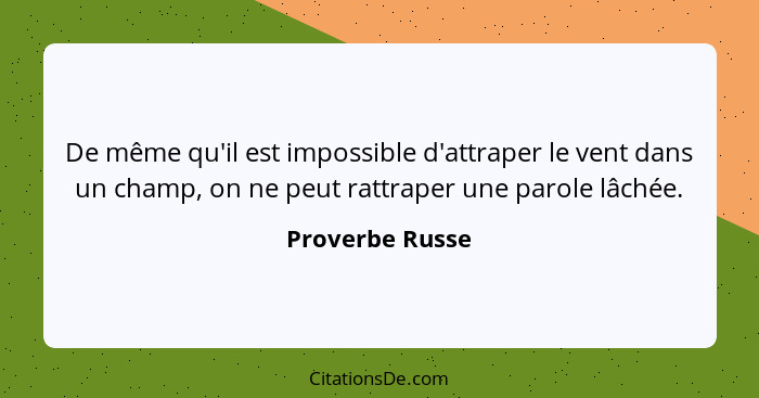 De même qu'il est impossible d'attraper le vent dans un champ, on ne peut rattraper une parole lâchée.... - Proverbe Russe