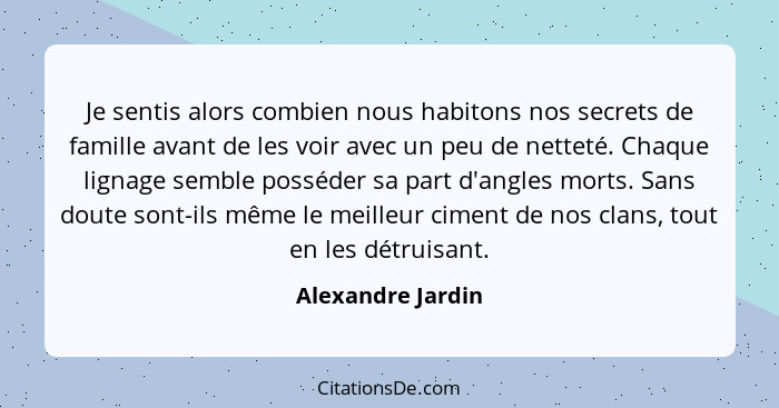 Je sentis alors combien nous habitons nos secrets de famille avant de les voir avec un peu de netteté. Chaque lignage semble posséd... - Alexandre Jardin