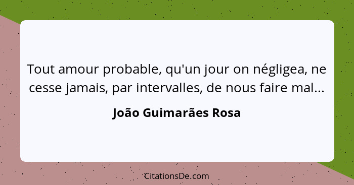 Tout amour probable, qu'un jour on négligea, ne cesse jamais, par intervalles, de nous faire mal...... - João Guimarães Rosa