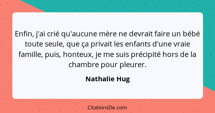 Enfin, j'ai crié qu'aucune mère ne devrait faire un bébé toute seule, que ça privait les enfants d'une vraie famille, puis, honteux, je... - Nathalie Hug