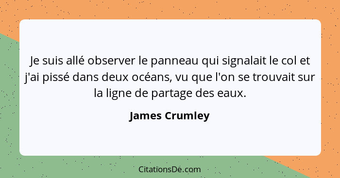 Je suis allé observer le panneau qui signalait le col et j'ai pissé dans deux océans, vu que l'on se trouvait sur la ligne de partage... - James Crumley