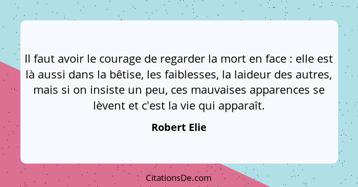 Il faut avoir le courage de regarder la mort en face : elle est là aussi dans la bêtise, les faiblesses, la laideur des autres, mai... - Robert Elie