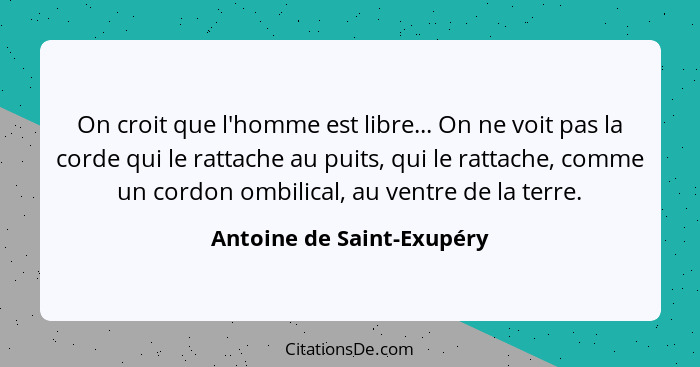 On croit que l'homme est libre... On ne voit pas la corde qui le rattache au puits, qui le rattache, comme un cordon ombili... - Antoine de Saint-Exupéry