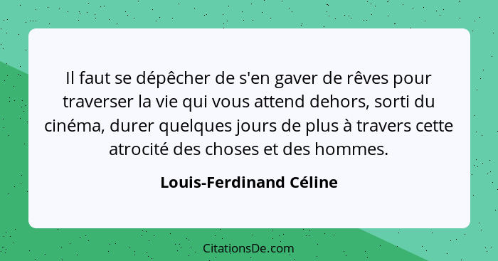 Il faut se dépêcher de s'en gaver de rêves pour traverser la vie qui vous attend dehors, sorti du cinéma, durer quelques jour... - Louis-Ferdinand Céline