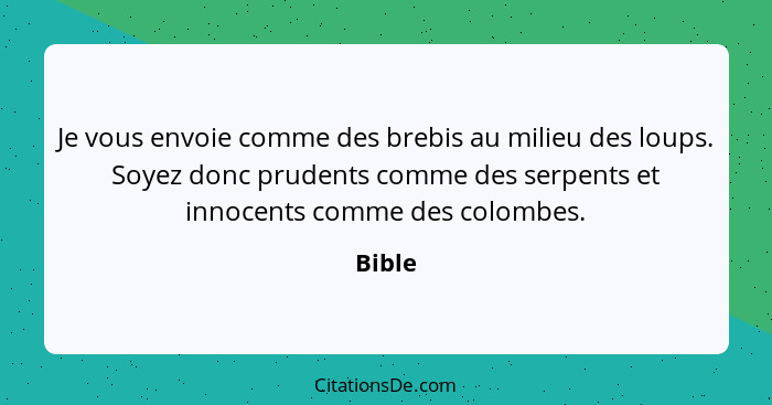 Je vous envoie comme des brebis au milieu des loups. Soyez donc prudents comme des serpents et innocents comme des colombes.... - Bible