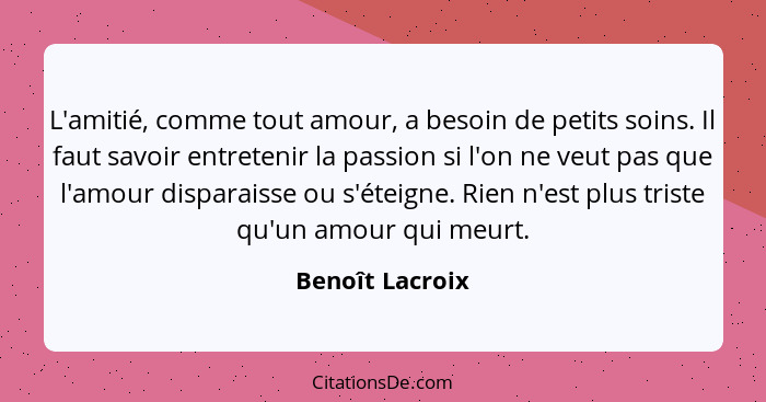 L'amitié, comme tout amour, a besoin de petits soins. Il faut savoir entretenir la passion si l'on ne veut pas que l'amour disparaiss... - Benoît Lacroix