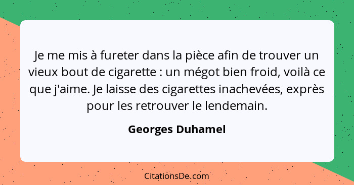 Je me mis à fureter dans la pièce afin de trouver un vieux bout de cigarette : un mégot bien froid, voilà ce que j'aime. Je lai... - Georges Duhamel