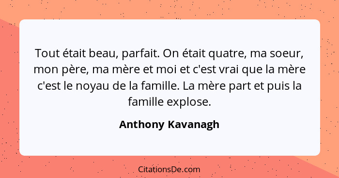 Tout était beau, parfait. On était quatre, ma soeur, mon père, ma mère et moi et c'est vrai que la mère c'est le noyau de la famill... - Anthony Kavanagh