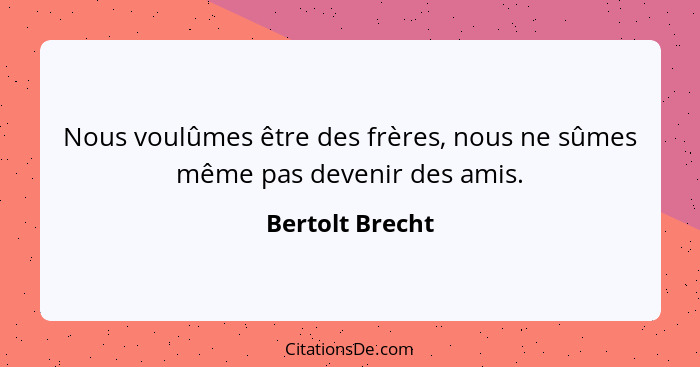 Nous voulûmes être des frères, nous ne sûmes même pas devenir des amis.... - Bertolt Brecht