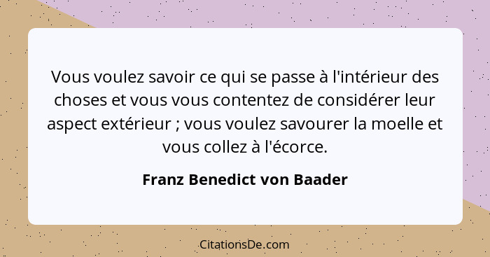 Vous voulez savoir ce qui se passe à l'intérieur des choses et vous vous contentez de considérer leur aspect extérieur&nbs... - Franz Benedict von Baader