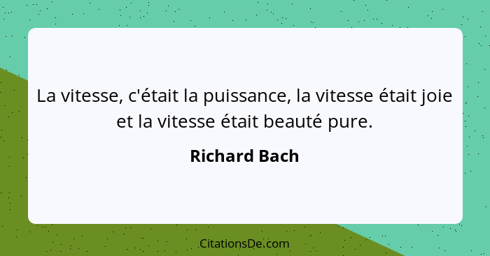 La vitesse, c'était la puissance, la vitesse était joie et la vitesse était beauté pure.... - Richard Bach