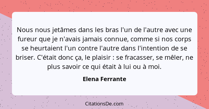 Nous nous jetâmes dans les bras l'un de l'autre avec une fureur que je n'avais jamais connue, comme si nos corps se heurtaient l'un c... - Elena Ferrante