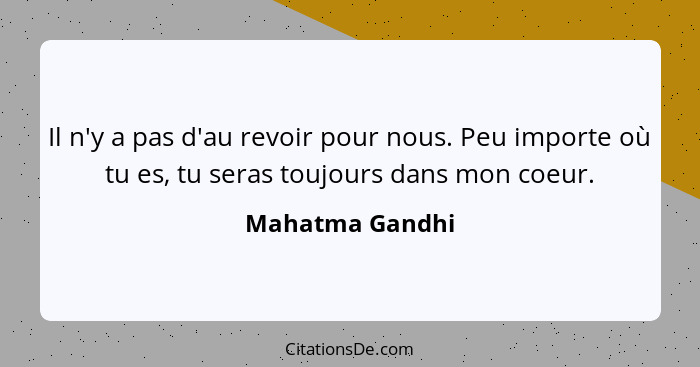 Il n'y a pas d'au revoir pour nous. Peu importe où tu es, tu seras toujours dans mon coeur.... - Mahatma Gandhi