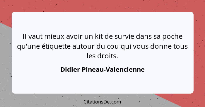 II vaut mieux avoir un kit de survie dans sa poche qu'une étiquette autour du cou qui vous donne tous les droits.... - Didier Pineau-Valencienne