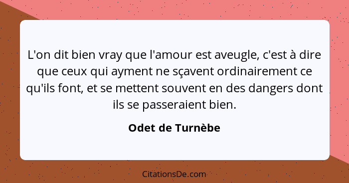 L'on dit bien vray que l'amour est aveugle, c'est à dire que ceux qui ayment ne sçavent ordinairement ce qu'ils font, et se mettent... - Odet de Turnèbe