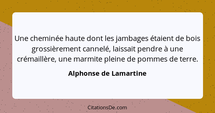 Une cheminée haute dont les jambages étaient de bois grossièrement cannelé, laissait pendre à une crémaillère, une marmite ple... - Alphonse de Lamartine