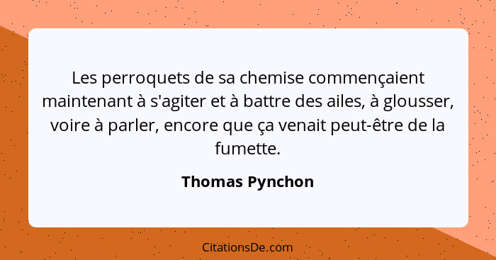 Les perroquets de sa chemise commençaient maintenant à s'agiter et à battre des ailes, à glousser, voire à parler, encore que ça vena... - Thomas Pynchon