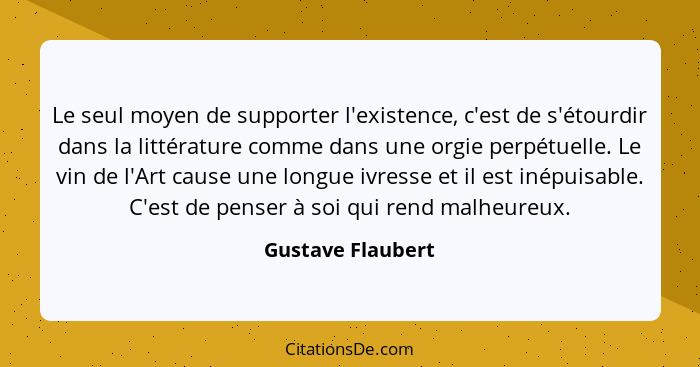 Le seul moyen de supporter l'existence, c'est de s'étourdir dans la littérature comme dans une orgie perpétuelle. Le vin de l'Art c... - Gustave Flaubert
