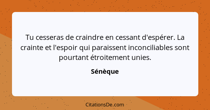 Tu cesseras de craindre en cessant d'espérer. La crainte et l'espoir qui paraissent inconciliables sont pourtant étroitement unies.... - Sénèque