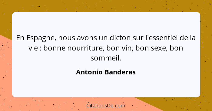 En Espagne, nous avons un dicton sur l'essentiel de la vie : bonne nourriture, bon vin, bon sexe, bon sommeil.... - Antonio Banderas