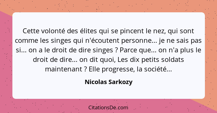 Cette volonté des élites qui se pincent le nez, qui sont comme les singes qui n'écoutent personne... je ne sais pas si... on a le dr... - Nicolas Sarkozy