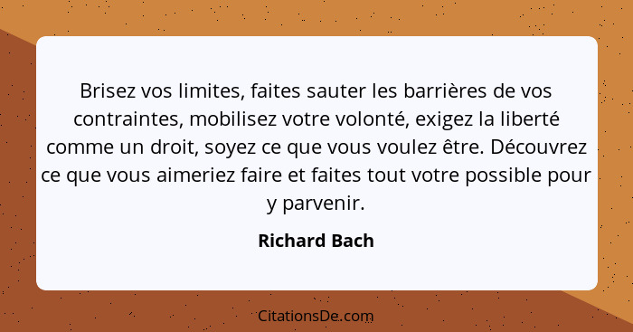 Brisez vos limites, faites sauter les barrières de vos contraintes, mobilisez votre volonté, exigez la liberté comme un droit, soyez ce... - Richard Bach