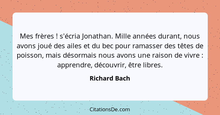 Mes frères ! s'écria Jonathan. Mille années durant, nous avons joué des ailes et du bec pour ramasser des têtes de poisson, mais d... - Richard Bach