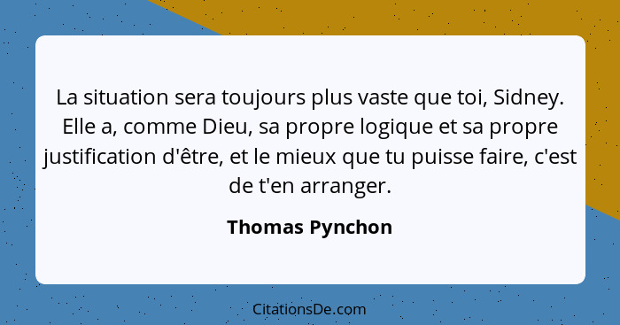 La situation sera toujours plus vaste que toi, Sidney. Elle a, comme Dieu, sa propre logique et sa propre justification d'être, et le... - Thomas Pynchon