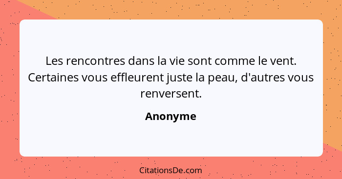 Les rencontres dans la vie sont comme le vent. Certaines vous effleurent juste la peau, d'autres vous renversent.... - Anonyme