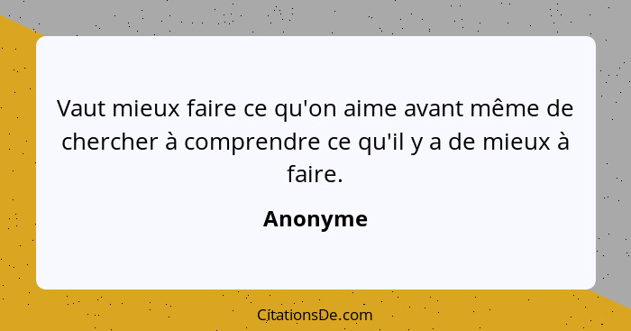 Vaut mieux faire ce qu'on aime avant même de chercher à comprendre ce qu'il y a de mieux à faire.... - Anonyme