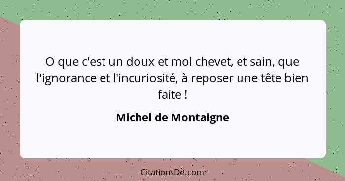 O que c'est un doux et mol chevet, et sain, que l'ignorance et l'incuriosité, à reposer une tête bien faite !... - Michel de Montaigne