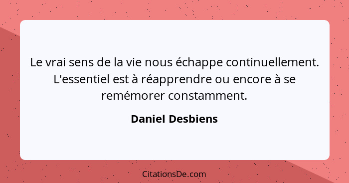 Le vrai sens de la vie nous échappe continuellement. L'essentiel est à réapprendre ou encore à se remémorer constamment.... - Daniel Desbiens