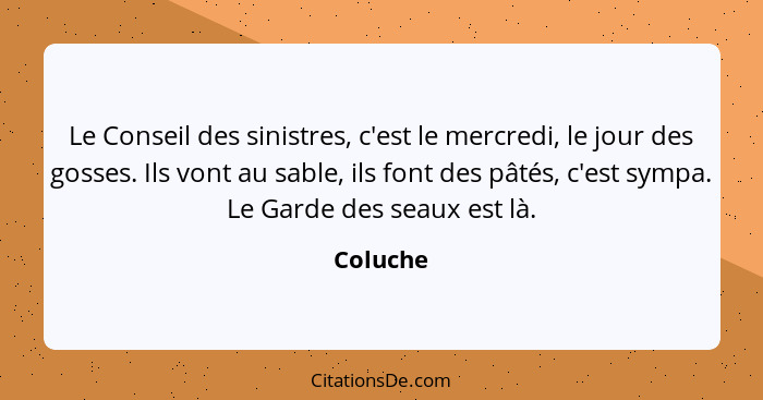 Le Conseil des sinistres, c'est le mercredi, le jour des gosses. Ils vont au sable, ils font des pâtés, c'est sympa. Le Garde des seaux est... - Coluche