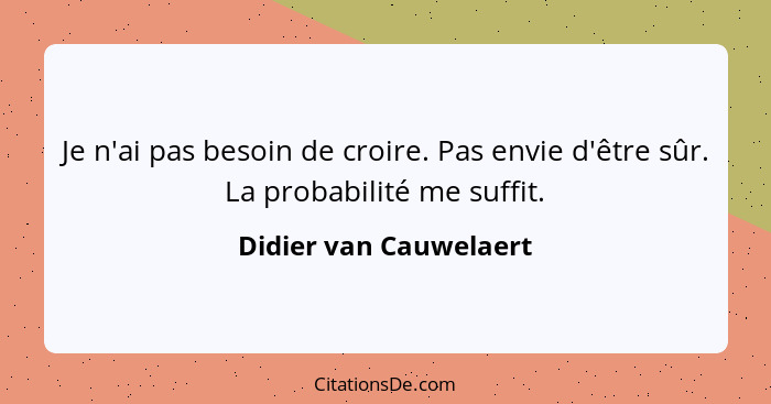 Je n'ai pas besoin de croire. Pas envie d'être sûr. La probabilité me suffit.... - Didier van Cauwelaert