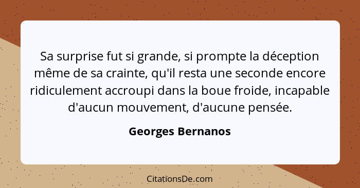 Sa surprise fut si grande, si prompte la déception même de sa crainte, qu'il resta une seconde encore ridiculement accroupi dans la... - Georges Bernanos