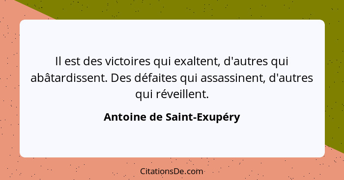Il est des victoires qui exaltent, d'autres qui abâtardissent. Des défaites qui assassinent, d'autres qui réveillent.... - Antoine de Saint-Exupéry