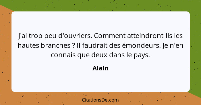 J'ai trop peu d'ouvriers. Comment atteindront-ils les hautes branches ? Il faudrait des émondeurs. Je n'en connais que deux dans le pays.... - Alain