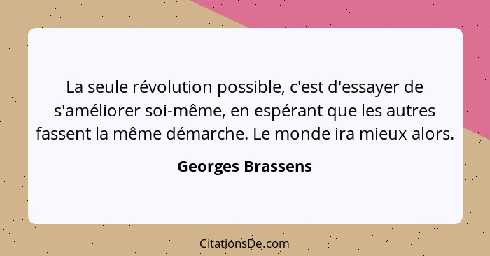 La seule révolution possible, c'est d'essayer de s'améliorer soi-même, en espérant que les autres fassent la même démarche. Le mond... - Georges Brassens