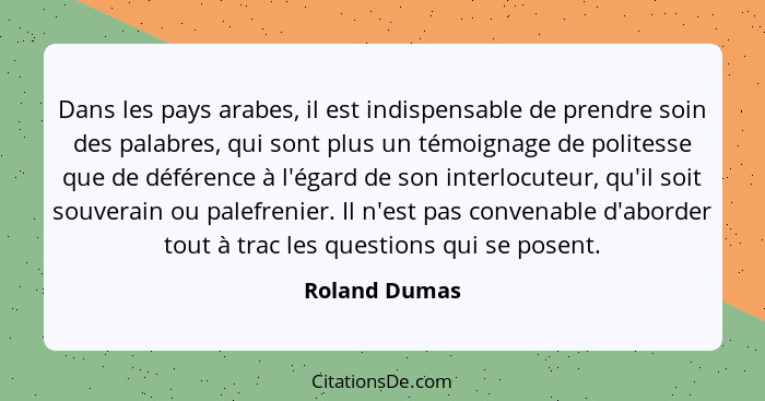 Dans les pays arabes, il est indispensable de prendre soin des palabres, qui sont plus un témoignage de politesse que de déférence à l'... - Roland Dumas