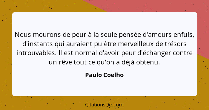 Nous mourons de peur à la seule pensée d'amours enfuis, d'instants qui auraient pu être merveilleux de trésors introuvables. Il est nor... - Paulo Coelho