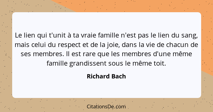 Le lien qui t'unit à ta vraie famille n'est pas le lien du sang, mais celui du respect et de la joie, dans la vie de chacun de ses memb... - Richard Bach